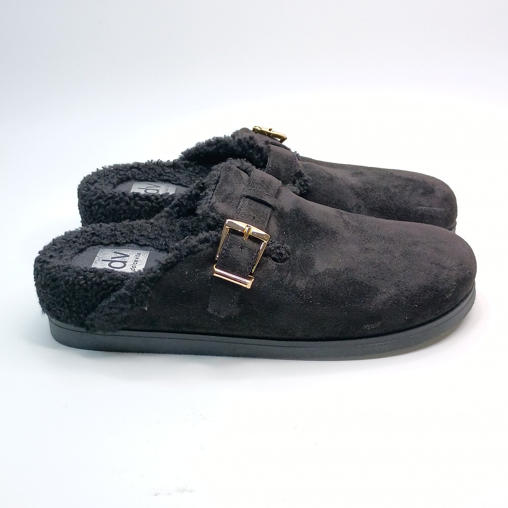 DV Dolce Vita Black Faux Suede Clogs Women Size 9 Shearling Lined Buckle Mules - Picture 6 of 10
